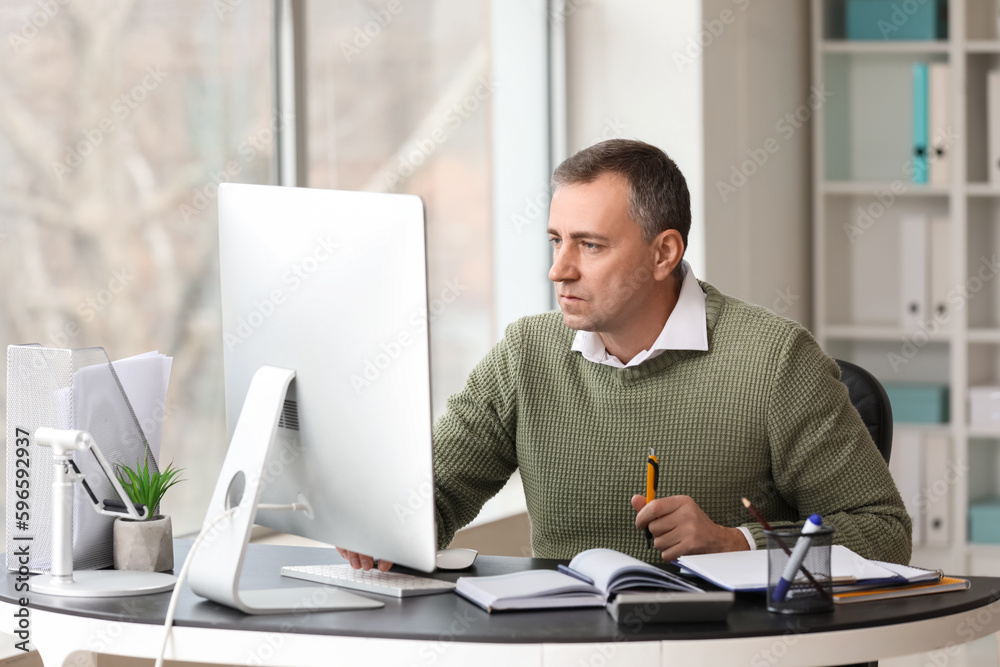 Poster Mature accountant working with computer at table in office