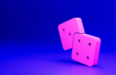 Pink Game dice icon isolated on blue background. Casino gambling. Minimalism concept. 3D render illustration