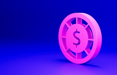 Pink Casino chips icon isolated on blue background. Casino gambling. Minimalism concept. 3D render illustration