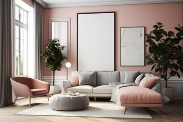 Scandinavian style living room with a blank vertical poster frame mockup, modern interior, pink pouf, plant, and 3D rendering. Generative AI