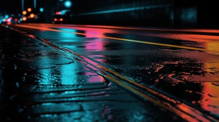 Urban Reflections of Neon Lights on Wet Asphalt Texture. Generative AI