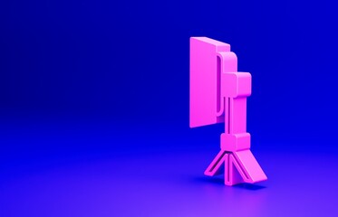 Pink Studio light bulb in softbox icon isolated on blue background. Shadow reflection design. Minimalism concept. 3D render illustration