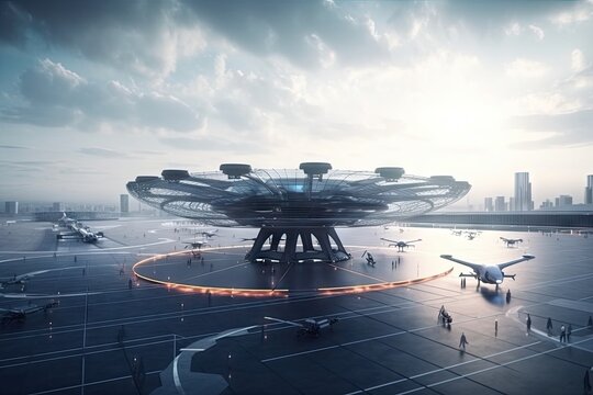futuristic and conceptual airport terminal, with flying drones and advanced technology, created with generative ai