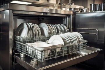 industrial dishwasher with spotless glassware and plates ready for use, created with generative ai - 596594394