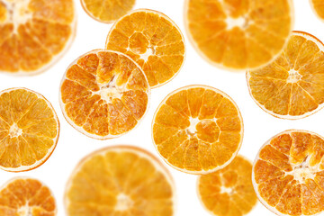 Levitation of dry orange slices isolated on transparent background.