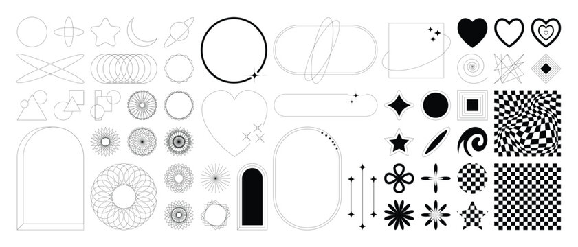 Set of geometric shapes in trendy 90s style. Black trendy design with frame, sparkles, circle, heart, moon, lines. Y2k aesthetic element illustrated for banners, social media, poster design, sticker.