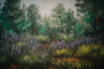 Nature scene with lavender flowers in front of forest depicted in impressionism, texture-rich oil painting on canvas. Generative AI