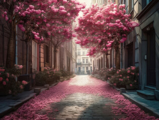 Fototapeta na wymiar Alley of lushly blooming pink magnolias