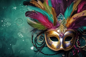 mardi gras card featuring beautiful mask with feathers and beads, created with generative ai - obrazy, fototapety, plakaty