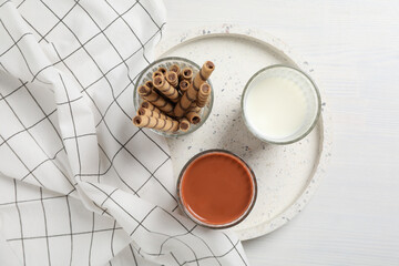 Tasty fresh summer dessert - chocolate milkshake, top view