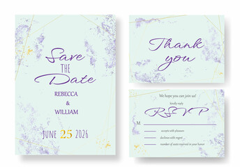 Minimalist Wedding Invitation Set with Save the Date, RSVP, Thank You Card. Golden line on pastel turquoise. Modern style. Vector EPS.
