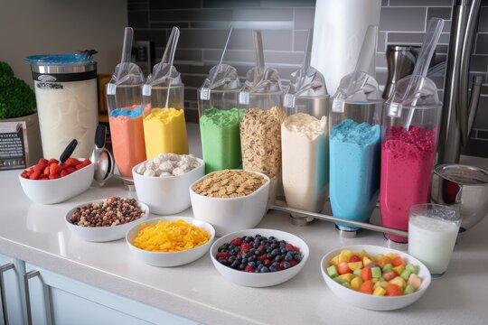 milkshake bar with a variety of toppings and mix-ins for customizing drinks, created with generative ai