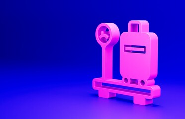 Pink Scale with suitcase icon isolated on blue background. Logistic and delivery. Weight of delivery package on a scale. Minimalism concept. 3D render illustration