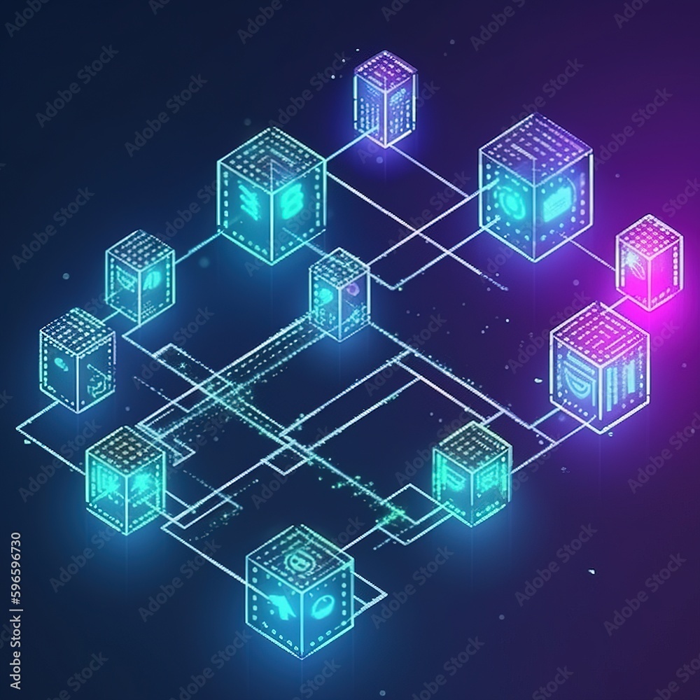 Poster blockchain concept. isometric digital blocks connection with each other and shapes crypto chain. blo