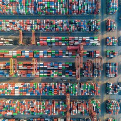Aerial view of an industrial crane cargo freight container ship transporting containers for import and export, business logistics and transportation by container ship in open sea. generative ai