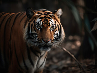 spectacular close-up of a tiger in the wild. generated with AI