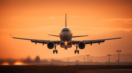 Fototapeta na wymiar Airplane landing in the airport in the sunset