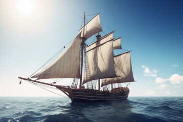 Fototapeta na wymiar Old sailing vessel on ocean with clear sky. 3D art. Generative AI
