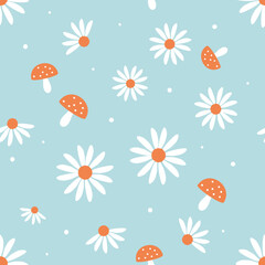 Seamless pattern with daisy flowers and mushroom on blue background vector.