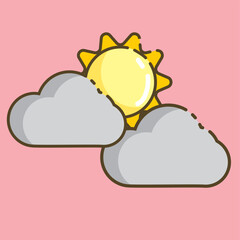 Sun and clouds. Vector illustration in flat style. Isolated on pink background.