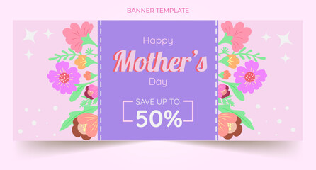 Mother's Day banner background with hand-drawn spring flowers in pastel colors, Vector illustration template.