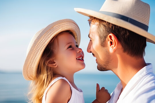 Loving Father-Daughter Moment: Smiling Nose-to-Nose on the Beach. Generative AI