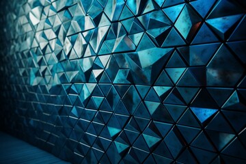 Blue patina tiles form a 3D wall with textured, polished triangles. 3D rendering. Generative AI