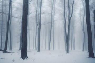 Wintry forest with snowy trees in a pale misty haze. Illustrated. Generative AI