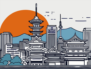Obraz premium Kyoto skyline, Japan. hand drawn, Vector illustration, linear style, for posters, banners and shirts