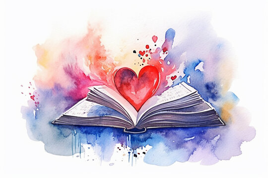 Watercolor illustration of open book with heart shape on watercolor background. Generative AI