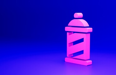Pink Classic Barber shop pole icon isolated on blue background. Barbershop pole symbol. Minimalism concept. 3D render illustration