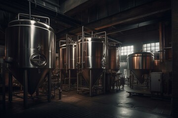 Fototapeta na wymiar Brewery with metal tanks producing craft beer. Generative AI