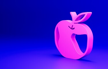 Pink Apple icon isolated on blue background. Excess weight. Healthy diet menu. Fitness diet apple. Minimalism concept. 3D render illustration