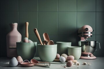Fototapeta na wymiar Kitchen tools in pastel colors and a funnel in a file format. Generative AI