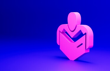 Pink Man reading book icon isolated on blue background. Minimalism concept. 3D render illustration
