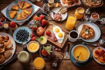 Obraz na płótnie Canvas American BBQ brunch with boiled eggs, scrambled eggs, orange juice, fried eggs, blueberries, coffee, and fresh fruits on wooden table. Generative AI