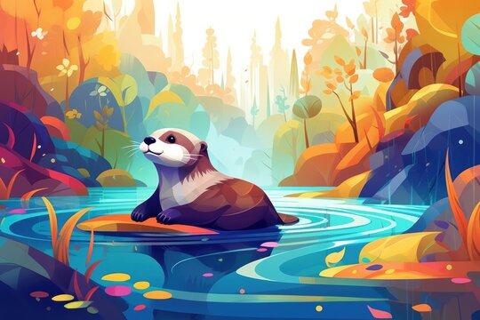 Illustration cartoon. Hard edge painting. Cute little otter floating on its back in a river, with a lush forest in the background and a clear blue sky above. Generative AI