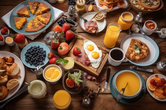 American BBQ brunch with boiled eggs, scrambled eggs, orange juice, fried eggs, blueberries, coffee, and fresh fruits on wooden table. Generative AI