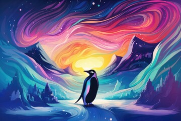 Illustration cartoon. Hard edge painting. Cute penguin waddling across an icy landscape, with colorful auroras lighting up the night sky above. Generative AI