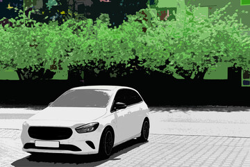 An image of a white hatchback on a green background. White car on the background of trees