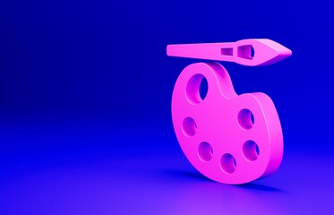 Pink Paint brush with palette icon isolated on blue background. Minimalism concept. 3D render illustration