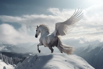 A majestic Pegasus flying high above snow-capped mountains and clouds. Generative AI