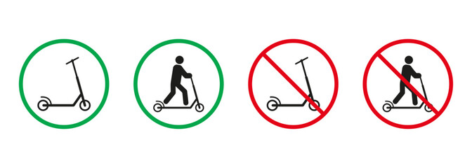 Man on Kick Scooter Red and Green Signs. Person on Trotinette Silhouette Icons Set. Allowed and Prohibited Entry with Eco Transport Pictogram. Isolated Vector Illustration