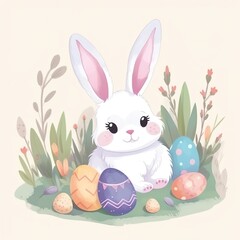 Cute bunny on grass with exquisite Easter eggs. generative ai