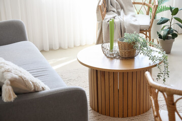 Coffee table with aroma candles and houseplant in bright living room