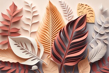 Artistic Foliage Set Against White Background - Modern Paper Cut Style Seasonal Poster. Generative AI