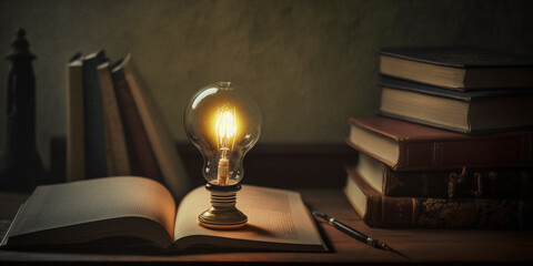 Book and light bulb on the table. Created with generative Ai technology.