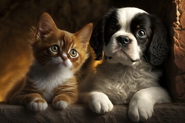 Two adorable pets - cat and dog - snuggled up together in a sweet display of friendship. Generative AI