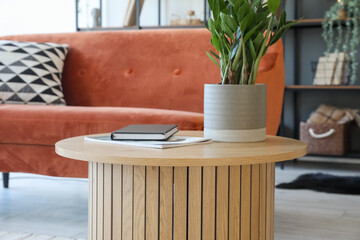 Interior of modern living room with cozy sofa and houseplant on coffee table