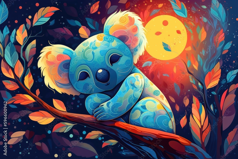 Sticker Illustration cartoon. Hard edge painting. Sleepy little koala nestled in a eucalyptus tree, with a starry night sky and a bright full moon in the background. Generative AI